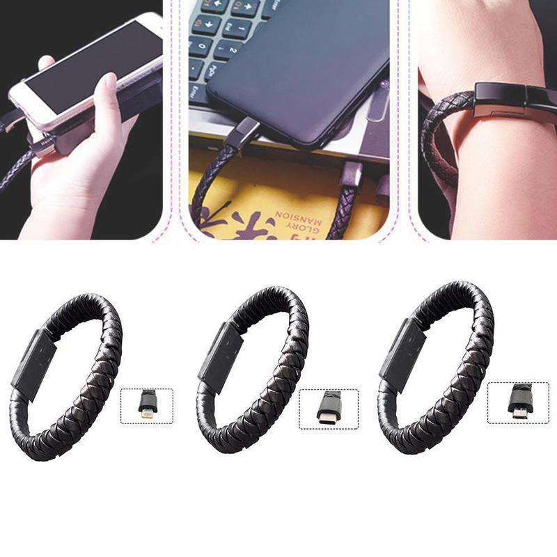 Bracelet mini USB en cuir avec câble de chargement et de données