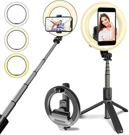 Perche à selfie sans fil 4 en 1 avec trépied et anneau lumineux