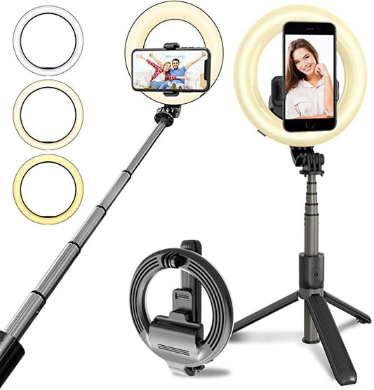 Perche à selfie sans fil 4 en 1 avec trépied et anneau lumineux