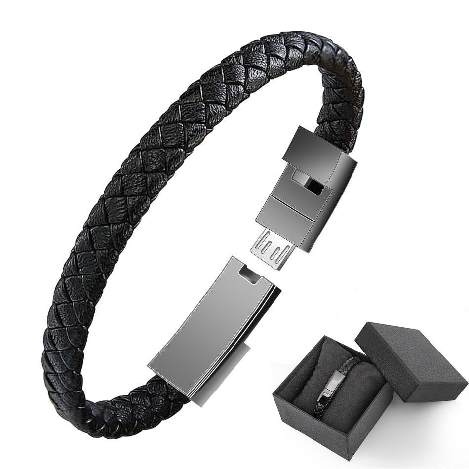 Bracelet mini USB en cuir avec câble de chargement et de données