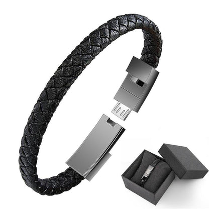 Bracelet mini USB en cuir avec câble de chargement et de données