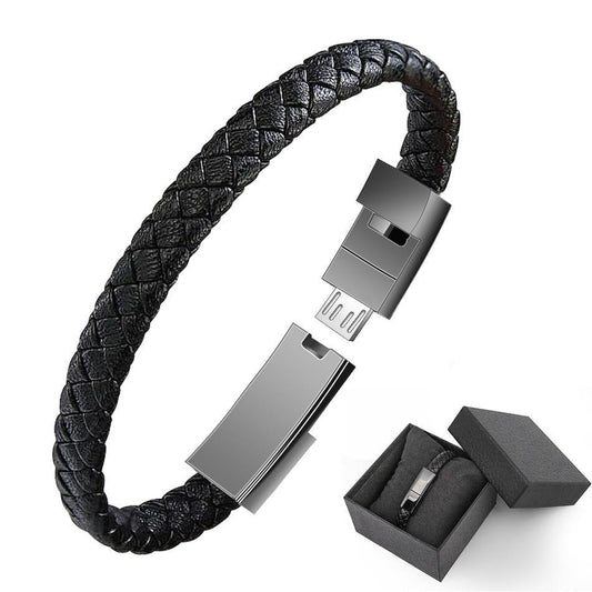 Bracelet mini USB en cuir avec câble de chargement et de données