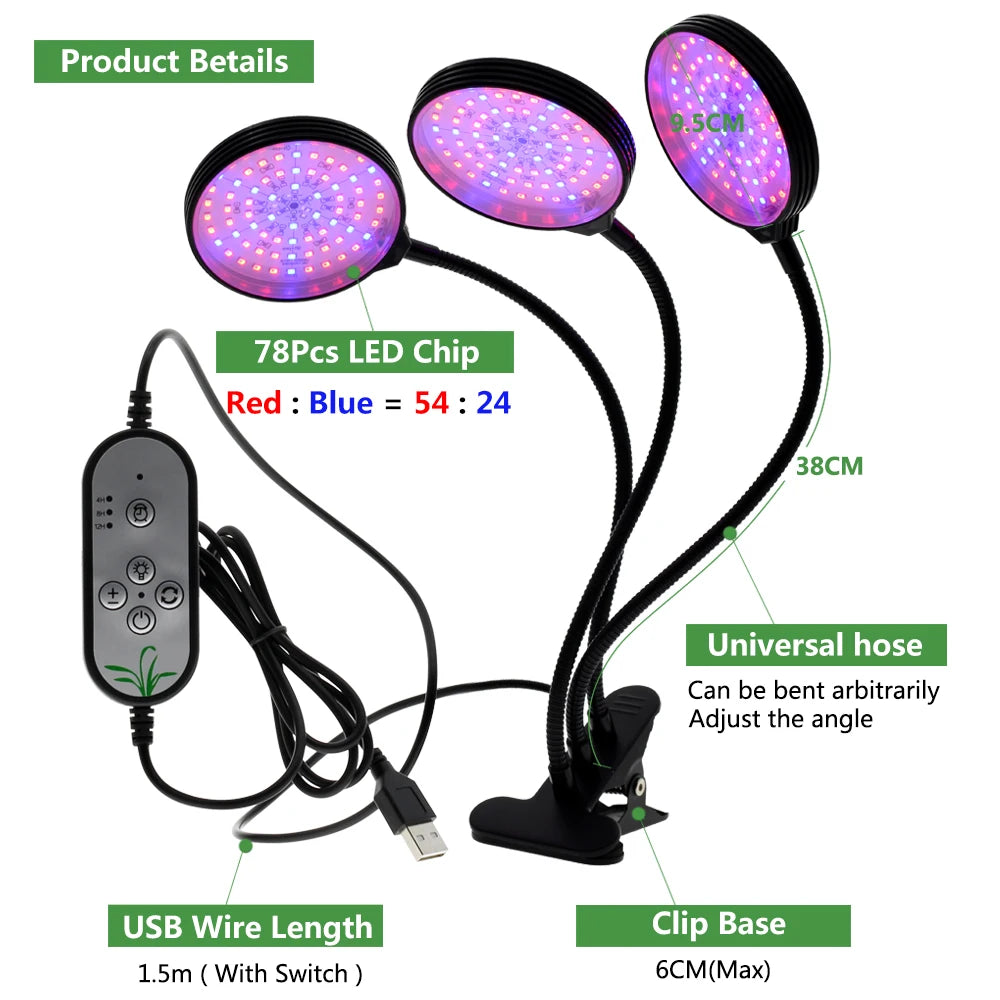 DC5V LED Grow Light Full Spectrum with 360 Degrees Flexible Clip USB Power Supply Desktop LED Plant Growth Light