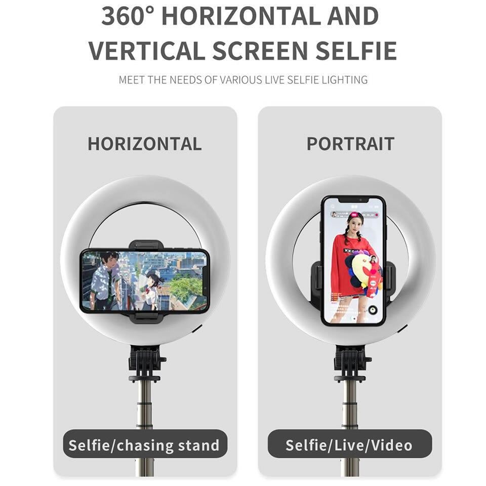 Perche à selfie sans fil 4 en 1 avec trépied et anneau lumineux
